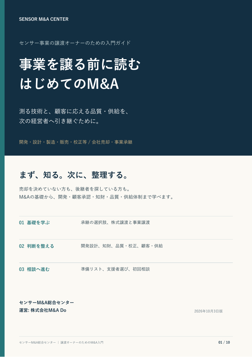 無料ガイド『事業を譲る前に読む はじめてのM&A』の表紙。M&Aの基本から相談準備まで全10ページ