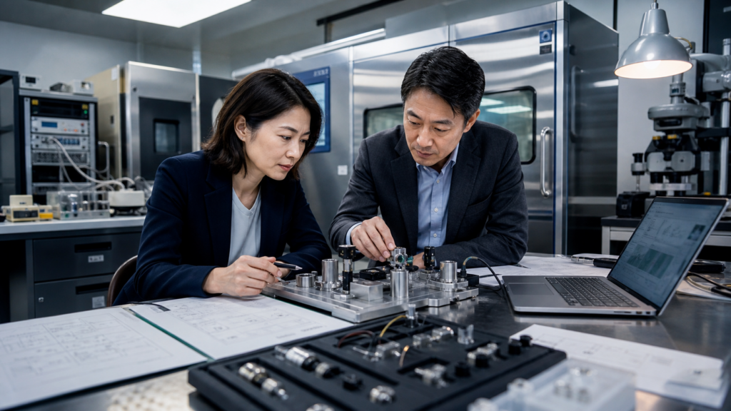 センサー会社の技術デューデリジェンスで試験治具と設計資料を確認する品質責任者と技術責任者