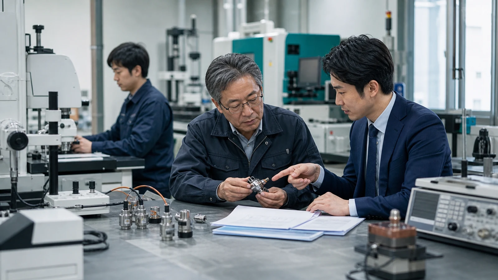 センサー製品と品質資料を前に事業承継を検討する経営者とアドバイザーの説明イメージ