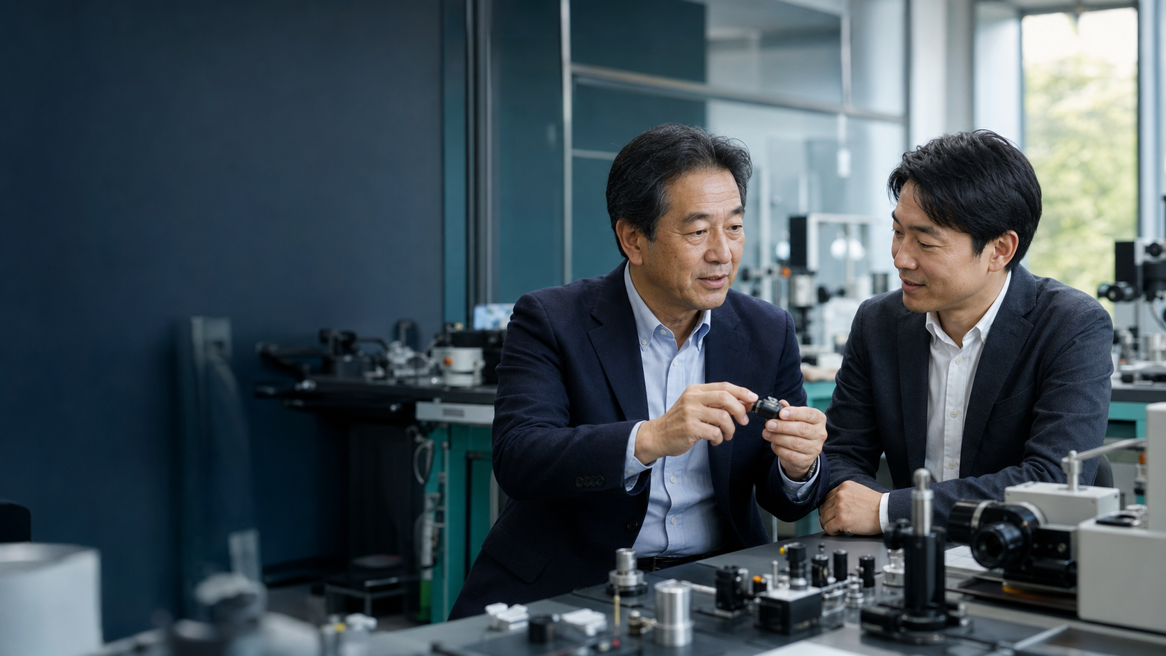 センサー企業のM&Aで技術承継を話し合う経営者とアドバイザー