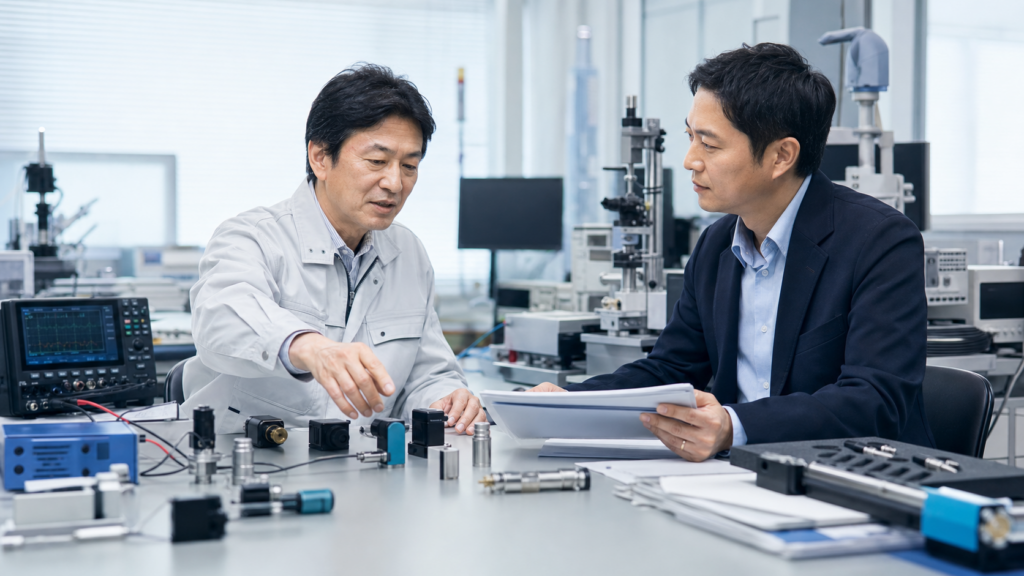 精密計測器・センサー企業M&Aの企業価値評価と技術資料を確認する場面