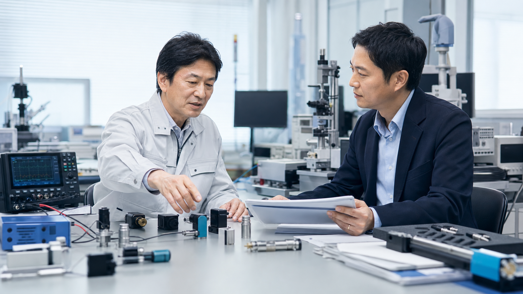 精密計測器・センサー企業M&Aの企業価値評価と技術資料を確認する場面