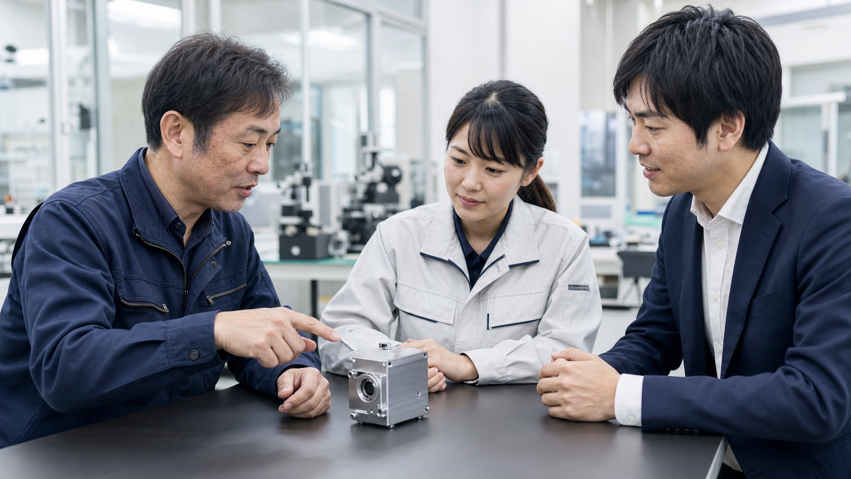 センサー製品を囲み事業連携を話し合うセンサー企業とFA・IoT企業の担当者